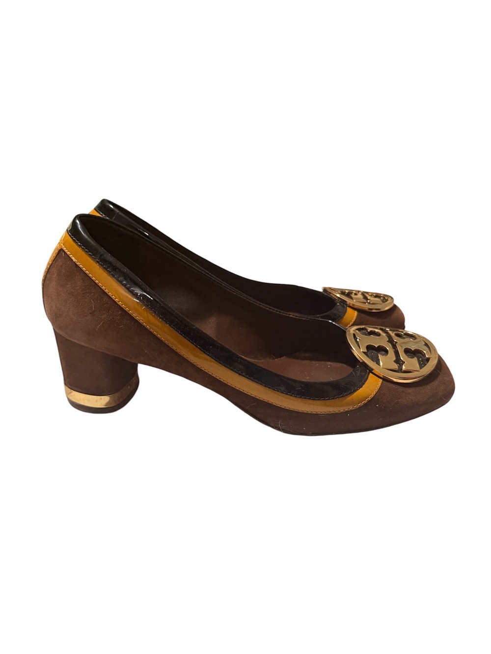 Tory Burch Brown Suede Heels with Yellow Trim & Gold Logo - Picture 2 of 5